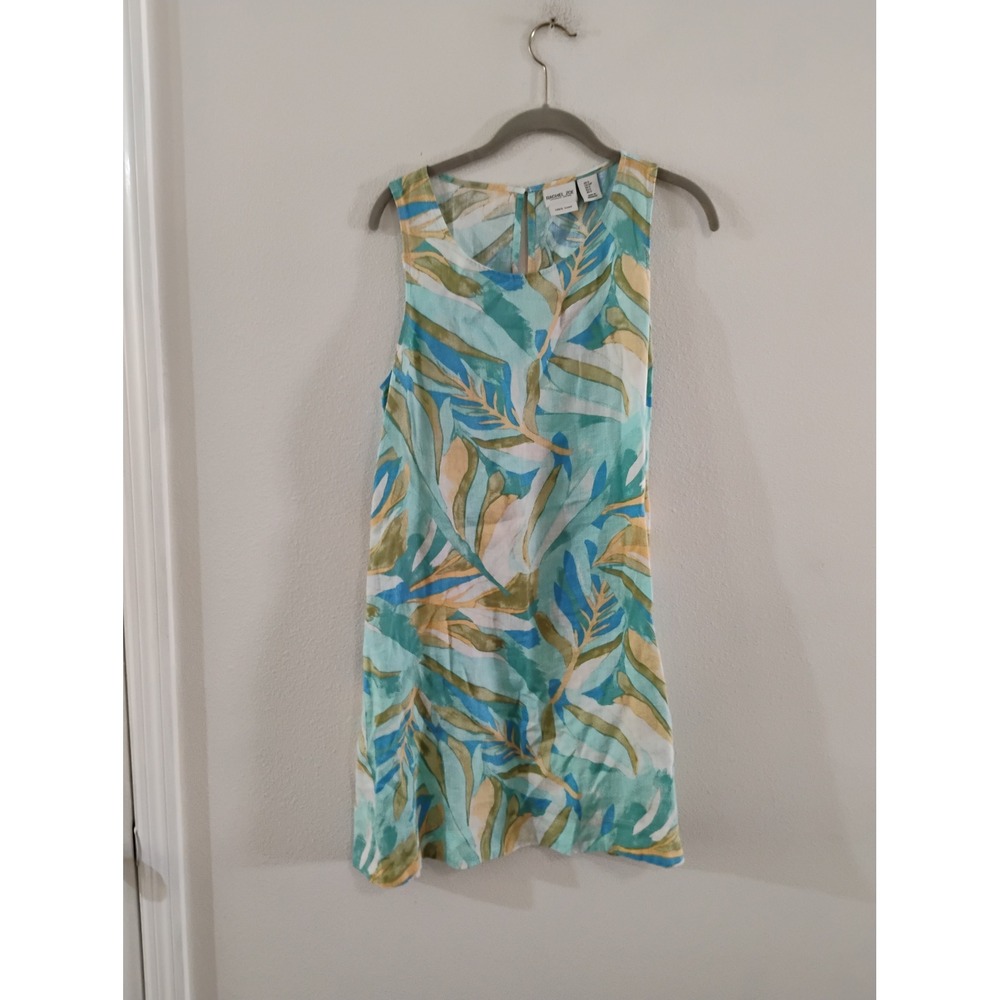 Rachel Zoe 100% Linen Tropical Palm Print Sleeveless Shift Dress Teal Blue Small